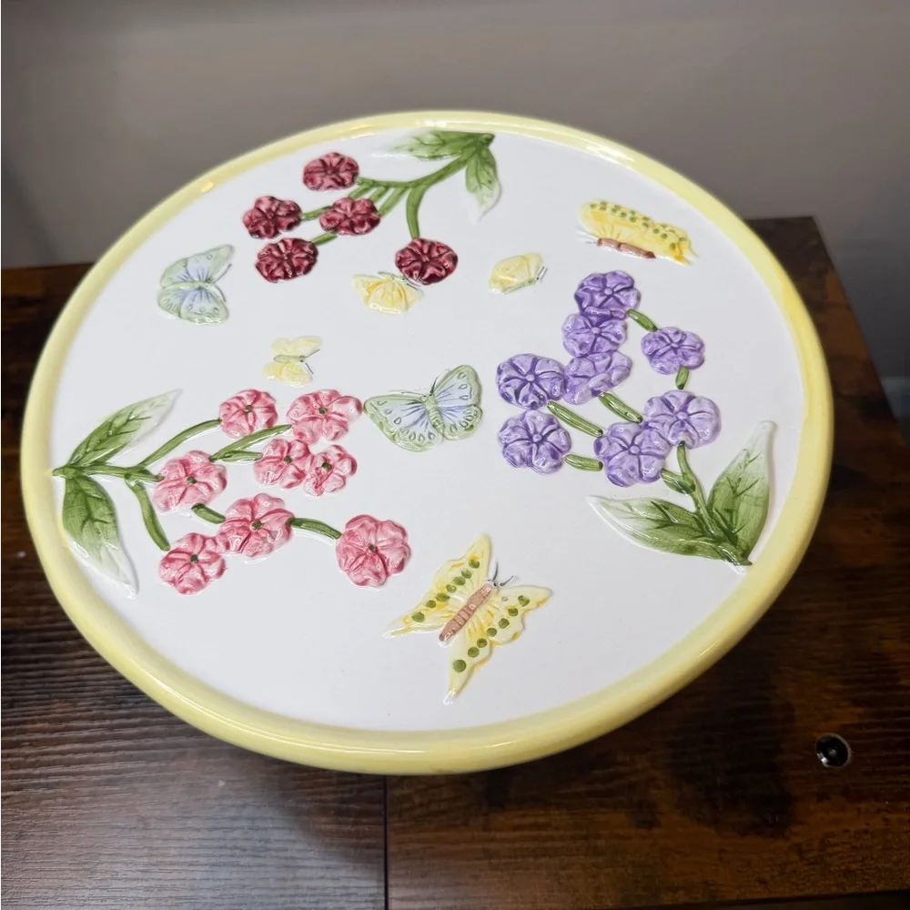 Gibson Pedestal Cake Plate featuring floral butterfly design “Home Sweet Home”